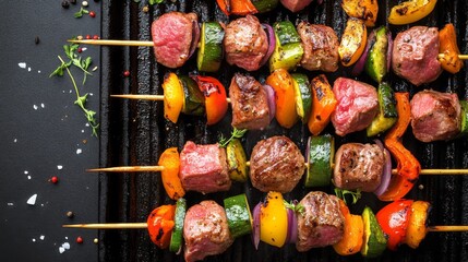 Poster - Raw meat skewers with colorful vegetables, neatly arranged on a grill pan
