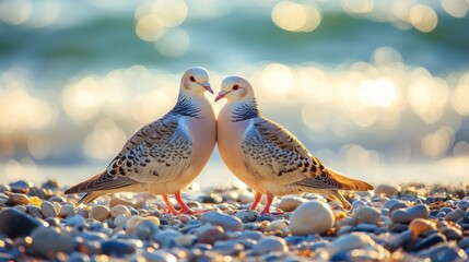 Poster - Two doves standing closely on a sandy beach with gentle waves in the background, serene and tranquil coastal scene.