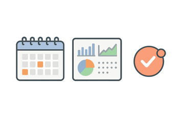 Aufkleber - Cartoon icon illustration showing calendar, financial charts, and completed task