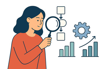 Aufkleber - Woman analyzing business growth and process improvement with magnifying glass in cartoon vector illustration