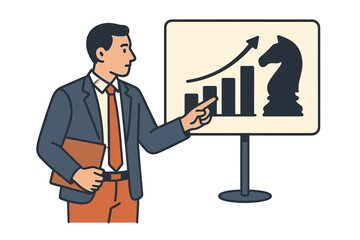Poster - Businessman presenting strategy with chess knight and growth chart on a whiteboard