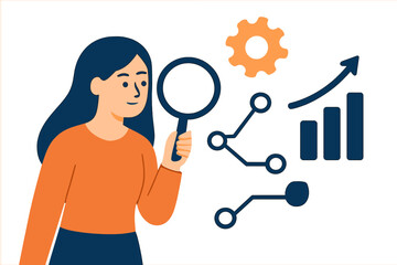 Poster - Woman looking through magnifying glass at data, gear, and graph showing business growth in cartoon vector