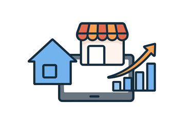 Aufkleber - House and storefront growth presented on tablet display, with ascending arrow and columns