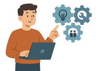 Poster - Man with Laptop Presenting Business Solutions represented by Gears with Icons