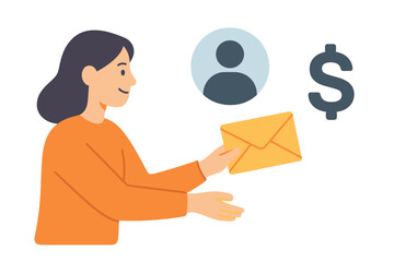 Poster - Woman receives payment notification via email, shown as cartoon vector illustration isolated