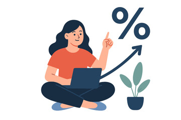 Poster - Woman using laptop points to percentage growth symbol and upward arrow