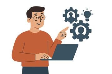 Poster - Man using laptop pointing at gears representing teamwork and innovation