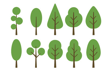 Poster - Green trees set vector illustration, minimal and simple cartoon tree icons isolated