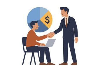 Poster - Businessman shaking hands with a man using a laptop in front of a financial pie chart