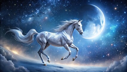 Wall Mural - A silver horse prancing under a crescent moonlit sky with stars and constellations surrounding it