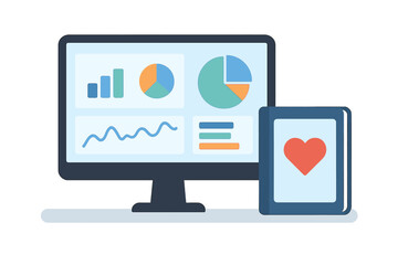 Aufkleber - Computer displaying charts with a tablet showing a heart, isolated vector