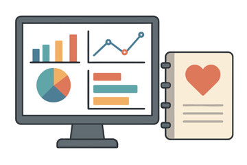 Aufkleber - Computer Monitor Displaying Graphs and Charts with a Notebook Bearing a Heart Illustration Beside it