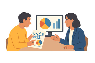 Poster - Man presenting report to woman with statistics on computer screen