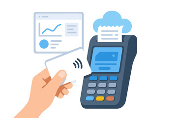 Poster - Hand holding contactless card near Pos terminal and chart display