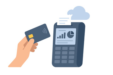 Poster - Person transacting with credit card and paying via pos terminal vector icon isolated
