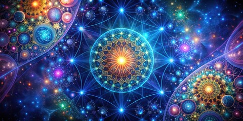 Wall Mural - Cosmic fractals with vibrant colors spread across a dark blue background