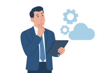 Poster - Businessman thinking about cloud computing solutions with tablet in hand