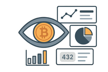 Poster - Eye observing Bitcoin cryptocurrency with chart, graph, statistics, and number four hundred thirty two data analytics