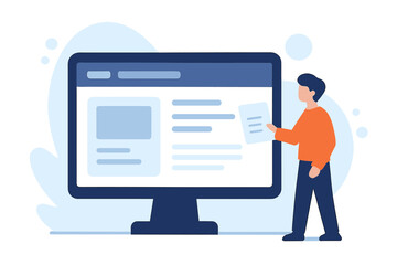 Poster - Man presenting document next to computer monitor with website design on screen