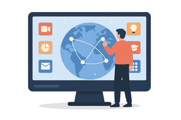 Poster - Person interacting with digital world globe and application icons on large computer screen