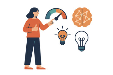 Poster - Woman presents ideas, performance metrics, and brain activity in business meeting