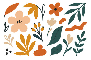 Poster - Flat floral vector illustration showing various flowers, leaves, berries and abstract shapes on a white background