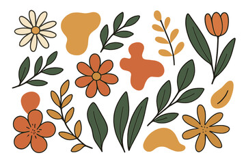Poster - Cartoon vector illustration features decorative floral elements and abstract shapes on a white background