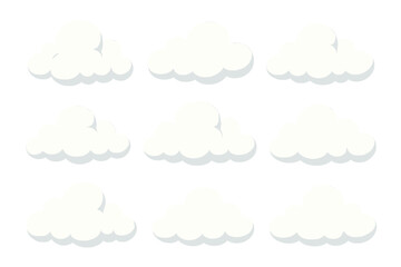 Poster - Nine white cartoon clouds arranged in a grid isolated on white background