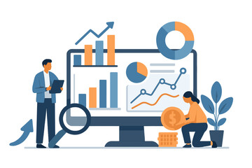 Poster - Data analysis and financial growth visualization on a computer screen with two people