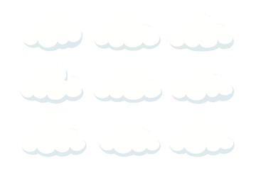 Poster - Cartoon clouds vector set featuring nine isolated fluffy shapes on a white background