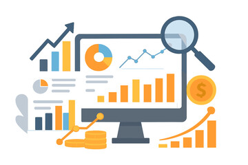 Poster - Flat vector illustration of financial data analytics and growth on computer
