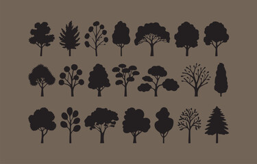 Poster - Collection of Diverse Tree Silhouettes on a Neutral Background Representing Variety in Nature and Design Elements for Various Purposes