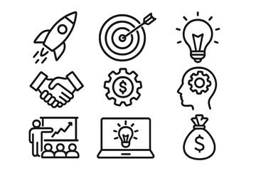 Poster - Business strategy icons featuring rocket, target, lightbulb, handshake, and money bag