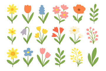 Poster - Spring flowers cartoon vector icon set with colorful tulips, daisies, and other blooms isolated