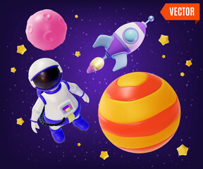 Fototapete - 3d Space Exploration Concept Astronaut Floating in Outer Space Among Planets Cartoon Design Style. Vector illustration