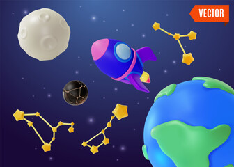 Fototapete - 3d Space Exploration Concept Rocket Embarking on a Galaxy Cartoon Design Style. Vector illustration of Spaceship