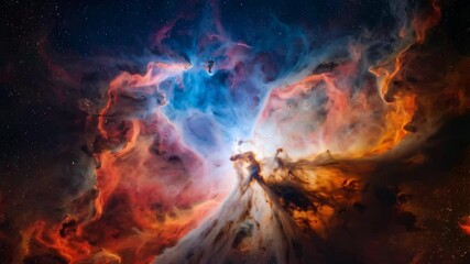 Wall Mural - Spectacular colorful nebula with stars background featuring vibrant cosmic dust and gas clouds in shades of red, blue, orange, and white in deep space.
