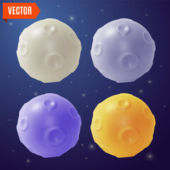 Fototapete - 3d Space Exploration Concept Different Color Full Moon Set on a Night Sky Cartoon Design Style. Vector illustration