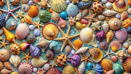 Wall Mural - Shell Mosaic repeat pattern featuring various ocean-inspired shells in a colorful arrangement