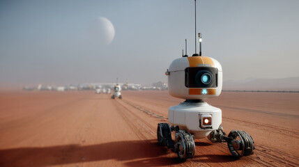 Aufkleber - Robotic explorers traverse a barren, reddish terrain under a distant moonlit sky. These autonomous machines conduct an expedition, gathering data to assess the planet's potential for discovery.