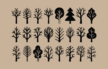 Poster - Collection of Simple Tree Silhouettes in Black on a Beige Background for Graphic Design and Nature Illustrations
