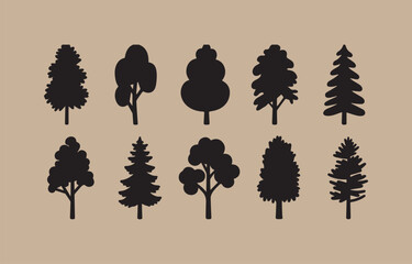 Poster - Collection of Ten Tree Silhouettes in Black on a Beige Background Including Pine Birch and Other Deciduous Varieties