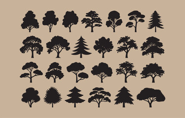 Poster - Collection of Twenty Four Tree Silhouettes in Black Color on a Beige Background for Landscape Design and Architectural Rendering