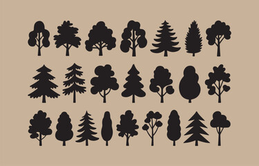 Poster - Collection of Twenty One Tree Silhouettes in Black on a Beige Background for Graphic Design and Illustration Projects