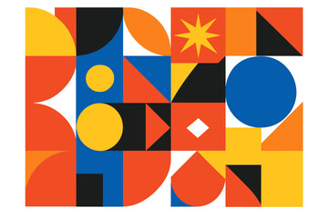 Poster - Abstract geometric art illustration with circles, squares, triangles, and other shapes in various primary colors on white background