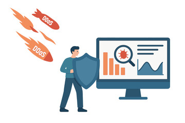 Poster - Man holding shield protecting computer from ddos attacks and data breach