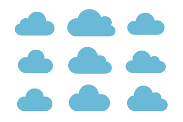 Poster - Cartoon vector set featuring nine light blue clouds isolated on a white background with varying shapes and sizes