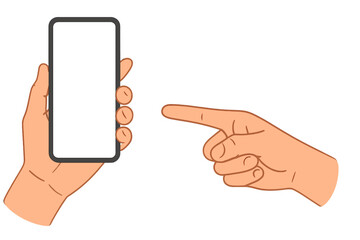 Poster - Cartoon vector illustration featuring a hand holding a blank smartphone while another hand points at the screen, isolated on a white background