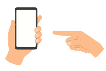 Fototapete - Hand holding smartphone with blank screen and pointing finger, cartoon vector illustration