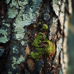 Poster - Close-up view of rich green moss covering a tree in a dense forest highlighting nature's beauty
